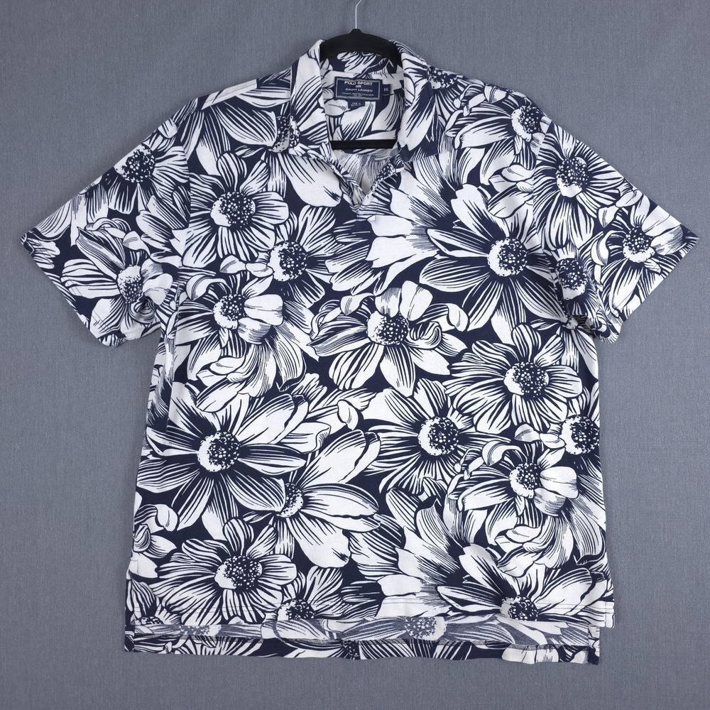 Ralph Lauren Polo Sport Hawaiian Shirt Mens XXL Blue White Tropical Floral AOP